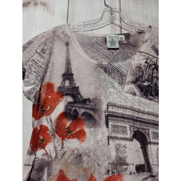 Ransom Shirt Ladies Medium Gray Red Floral Short Sleeve Paris Embellished Lace T - Picture 3 of 7
